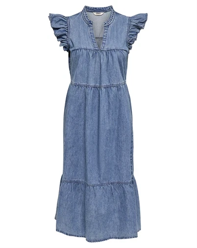 Only - ONLShania Frill Midi Denim Kjole - Medium Blue Denim